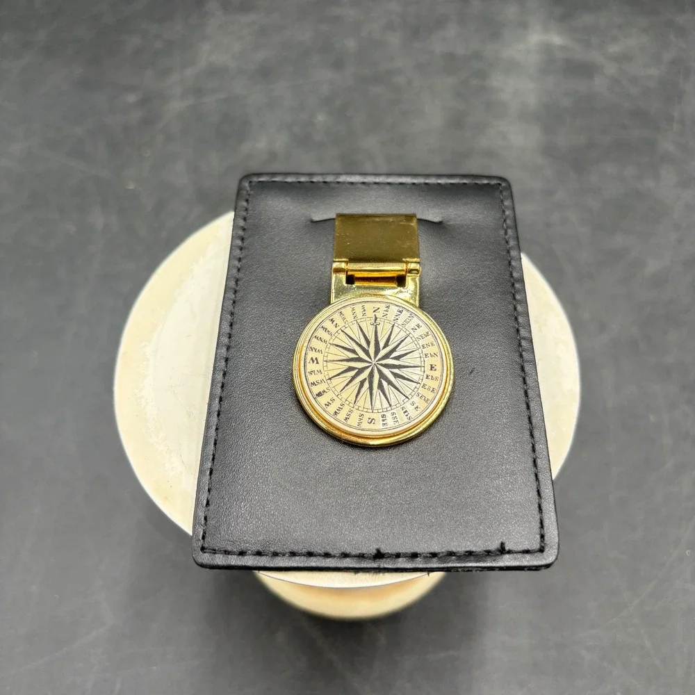 Barlow USA Top Grain Leather Money Clip Card Holder Black Gold Compass Rose